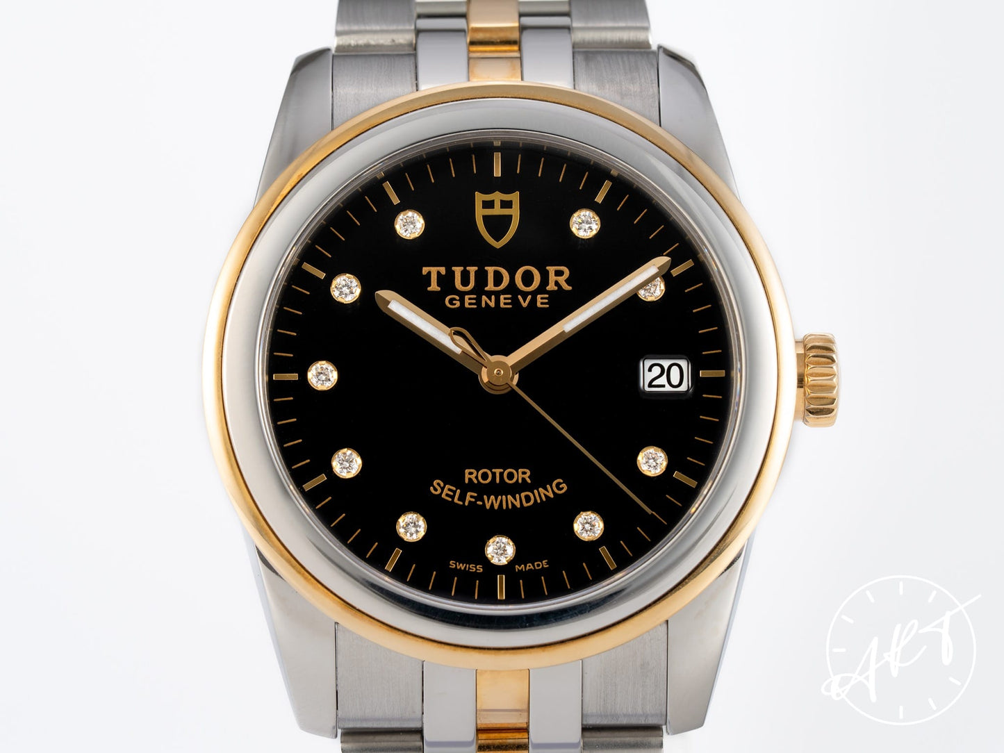 Tudor Glamour Date 36 Black Diamond Dial 18K Gold & SS Auto Watch 55003 w/ B&P