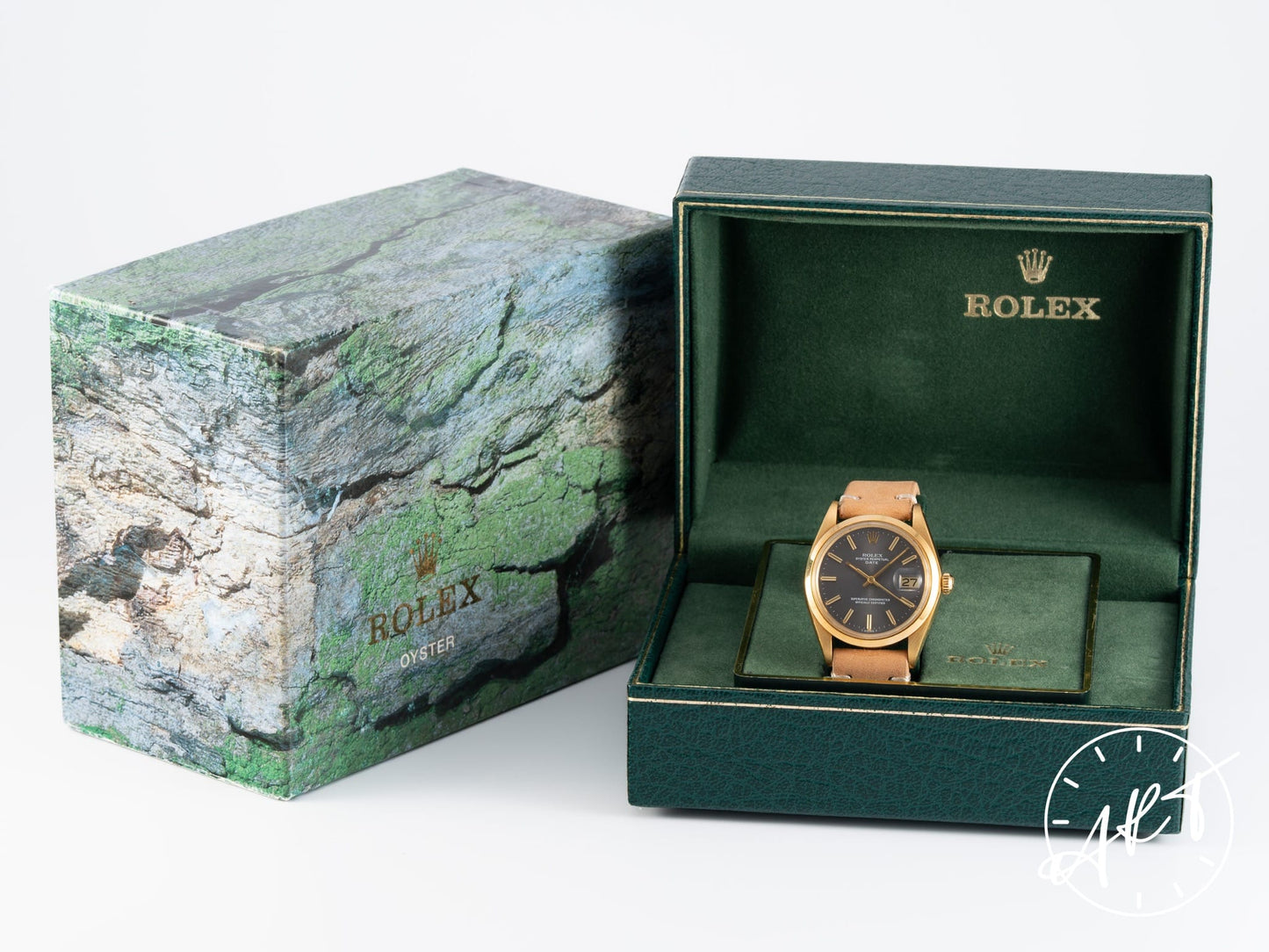 Vintage 1975 Rolex Oyster Perpetual Date Gray Dial 18K Gold Watch 1500 w/ Box