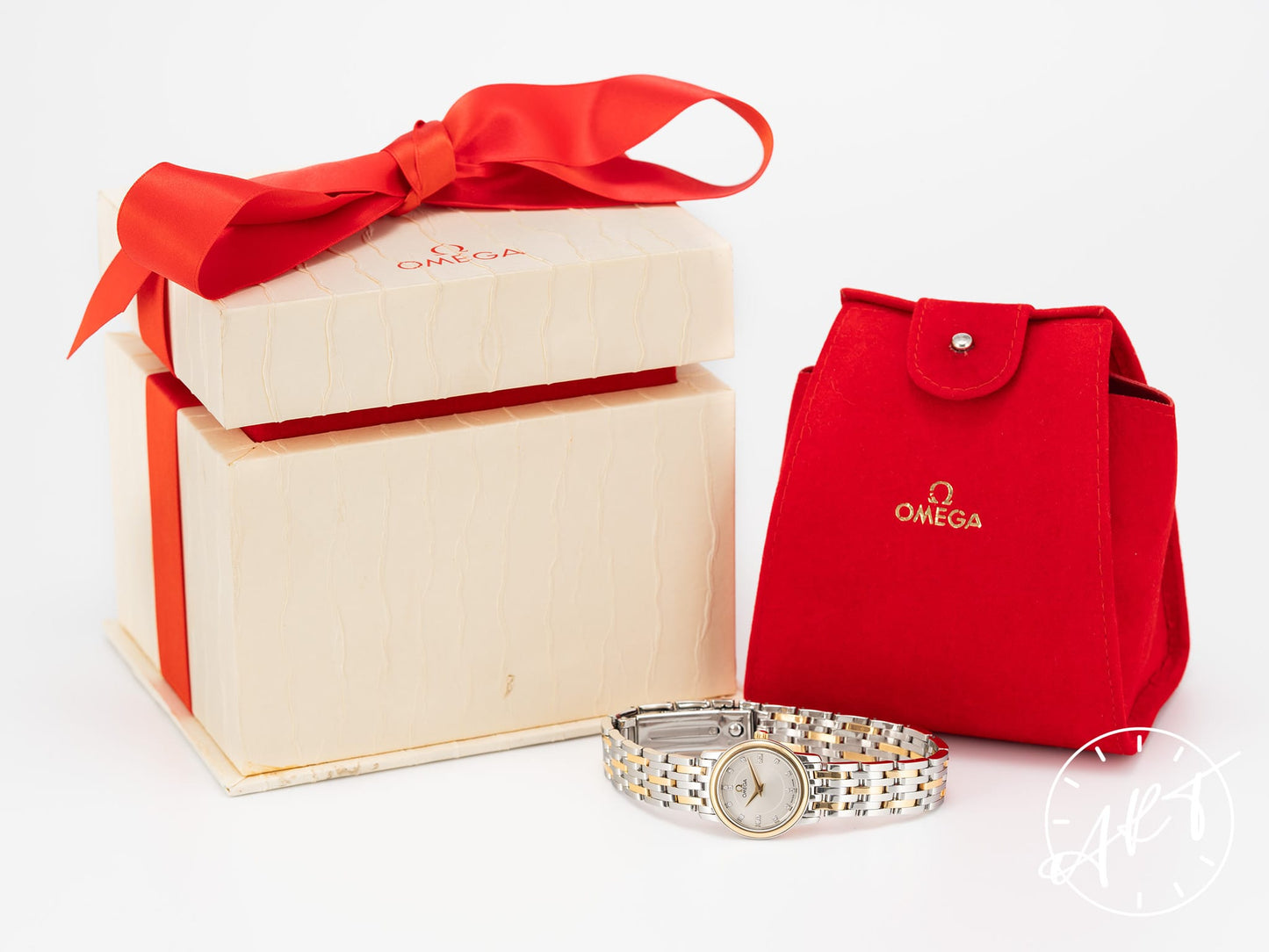 Omega De Ville Champagne Diamond Dial 18K Gold & SS Quartz Ladies Watch w/Box