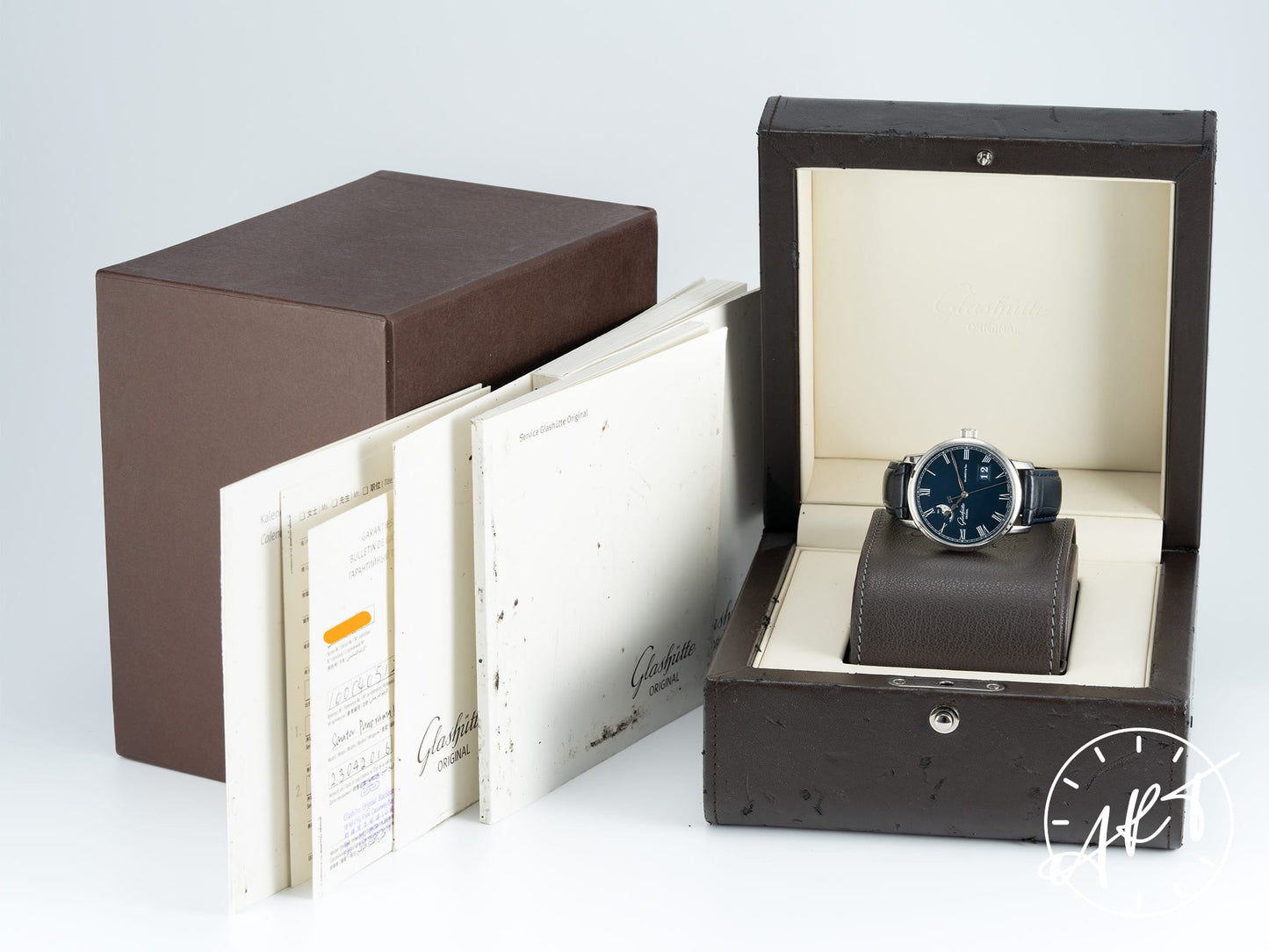 Glashütte Original Senator Panorama Date Moon Phase Blue Dial SS Auto Watch BP