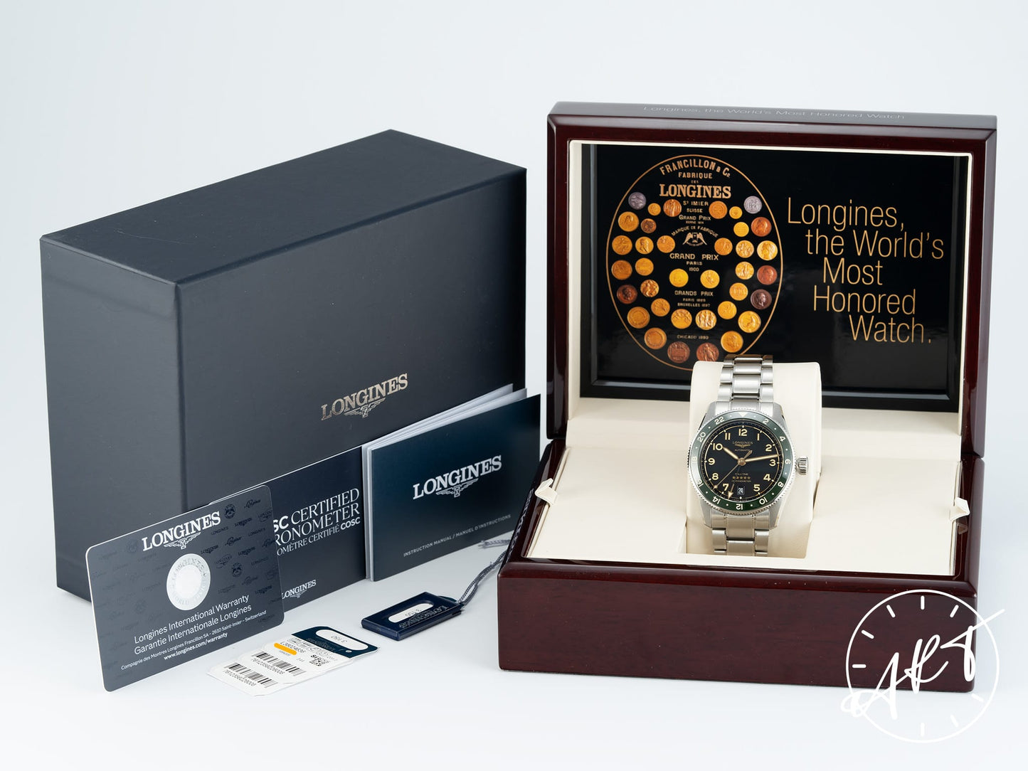 Longines Spirit Zulu Time GMT Green Bezel Black Dial SS Auto Watch L38024636 BP