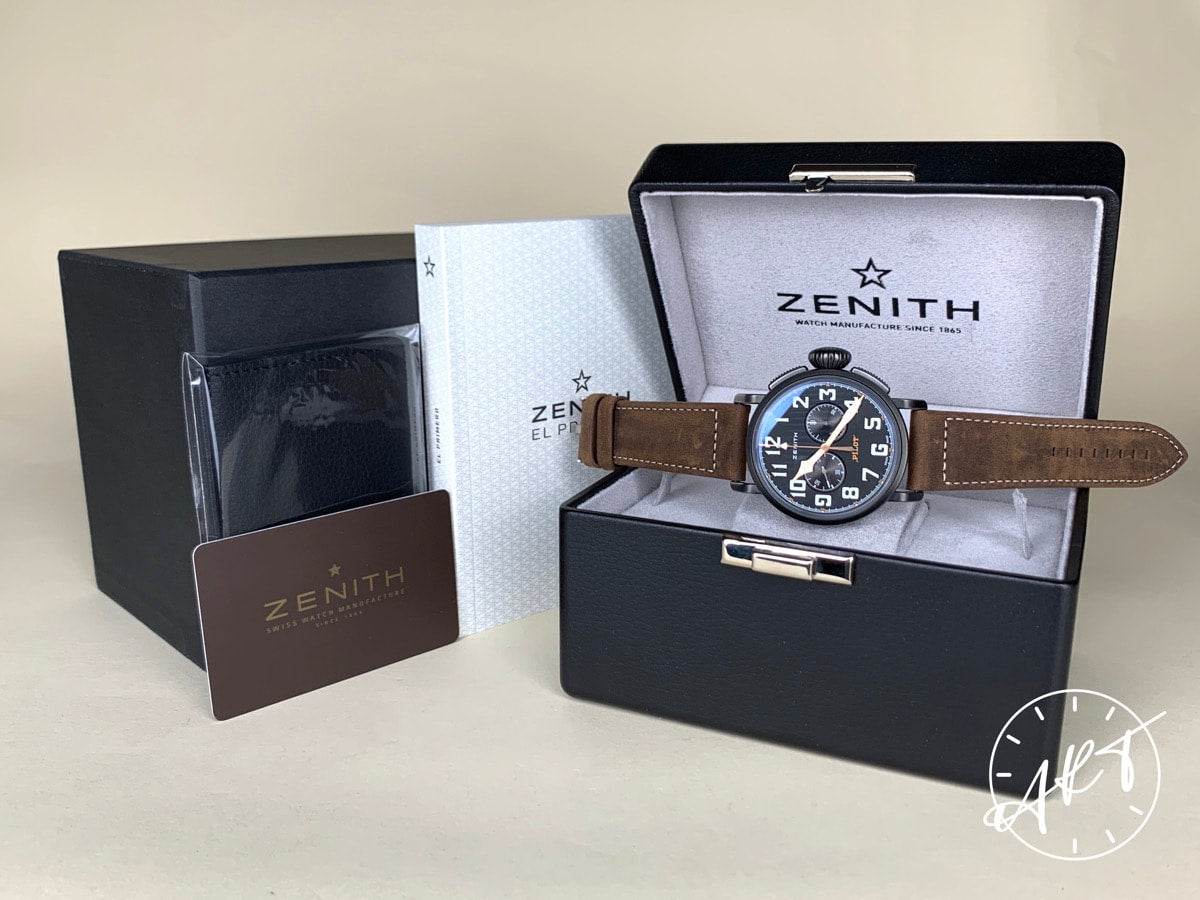 Zenith Pilot Type 20 El Primero Chronograph Black Dial Aged SS Auto Watch w/ B&P
