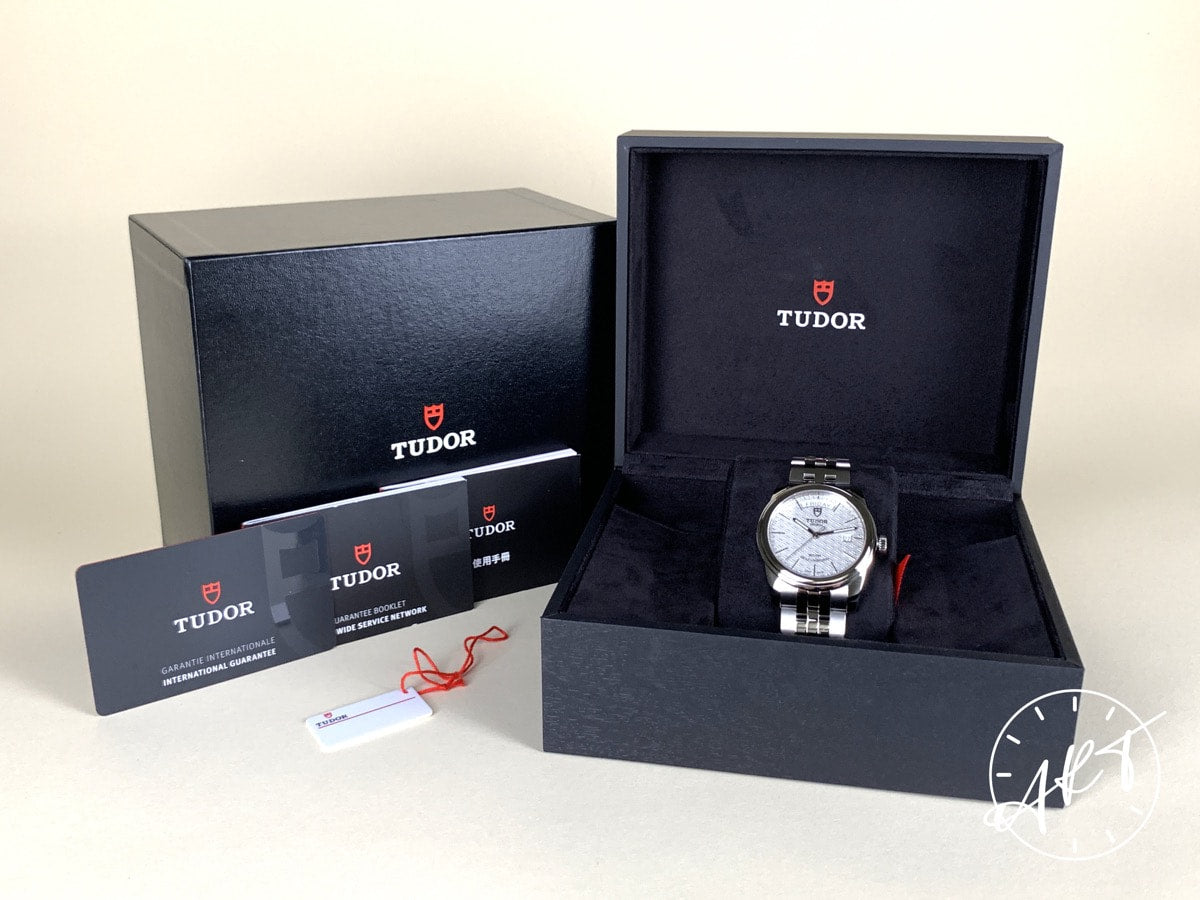 NEW Tudor Glamour Day-Date Silver Jacquard Dial SS Auto Watch 56000-0003 w/ B&P