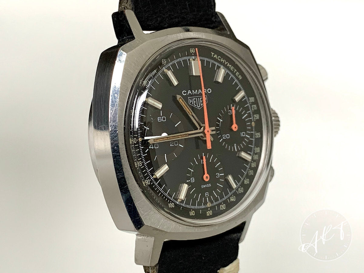 Vintage Heuer Camaro Chronograph Black Exotic Dial SS Manual Watch 73643 NT
