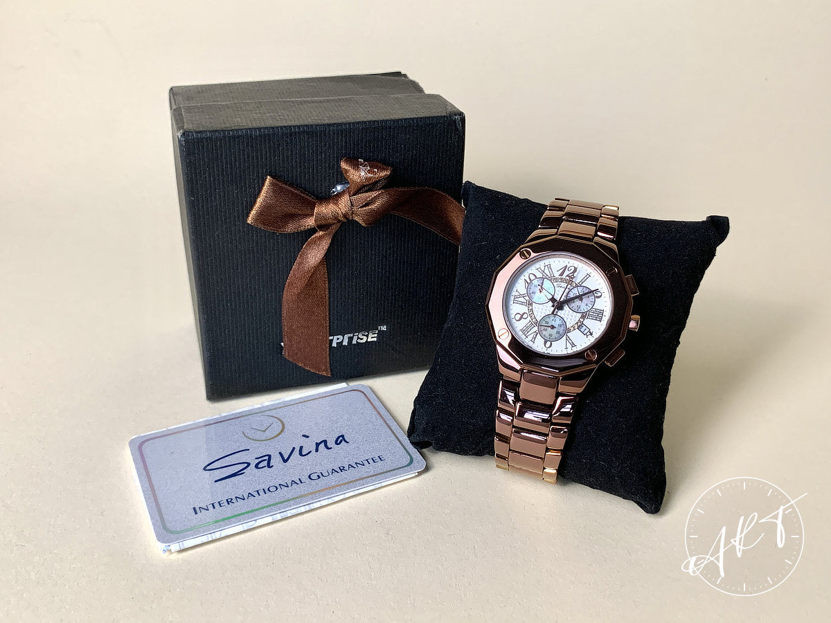 Savina Rhine Stone Chronograph Mother of Pearl Dial SS Quartz Watch w/ B&P
