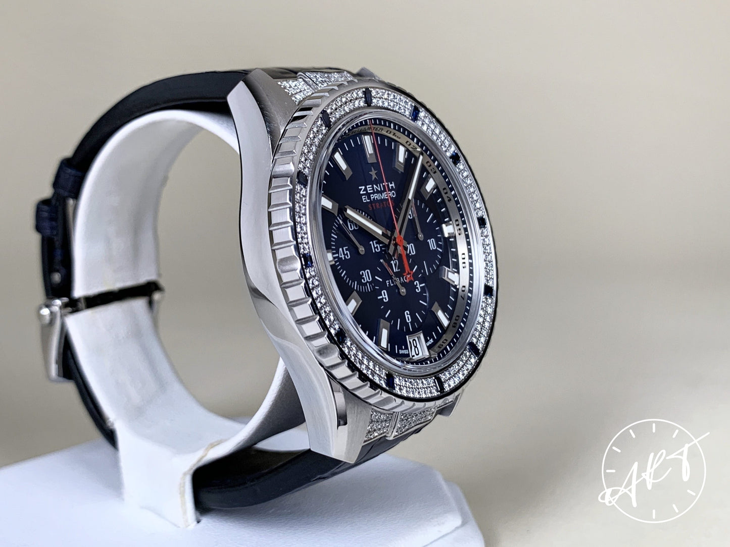 Zenith El Primero Flyback Chrono FACTORY DIAMOND Blue Dial Stratos Watch w/Box