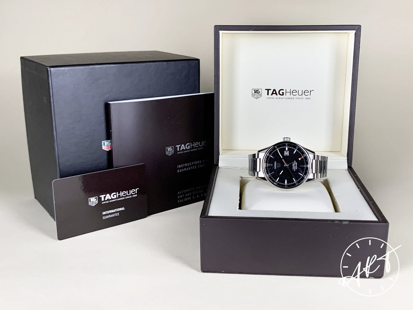 Tag Heuer Carrera Cal 7 Twin Time Black Dial SS Auto Watch WAR2010 w/ B&P
