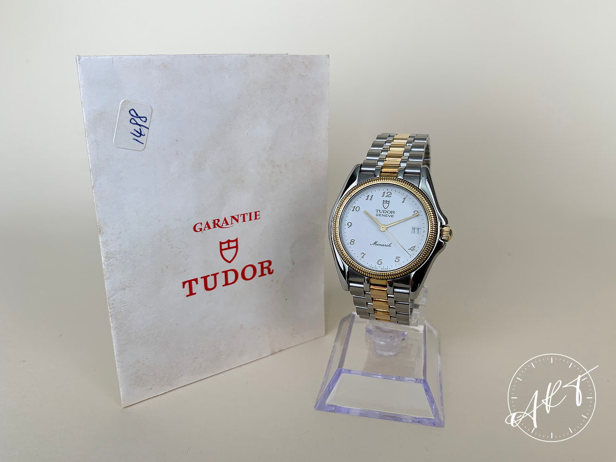 1991 Tudor Monarch White Dial Two-Tone Gold & SS Quartz Watch 15733 w/ Paper
