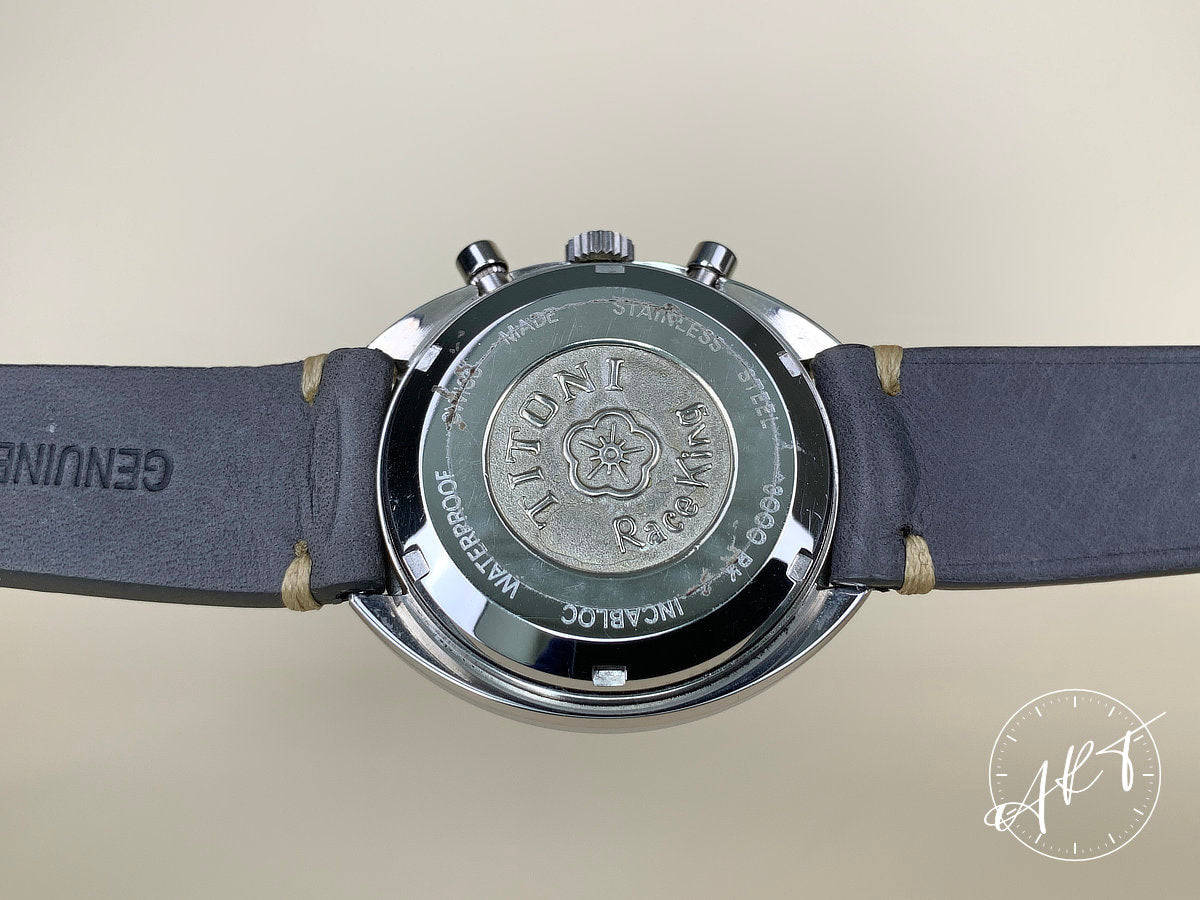 NOS Vintage 1970s Titoni Race King Val 7734 Chrono Blue Dial SS Manual Watch