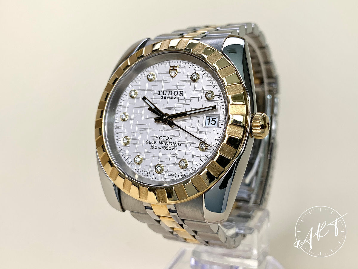 2015 Tudor Classic Date Silver Diamond Dial 18K Gold & SS Watch 21013 w/ Paper