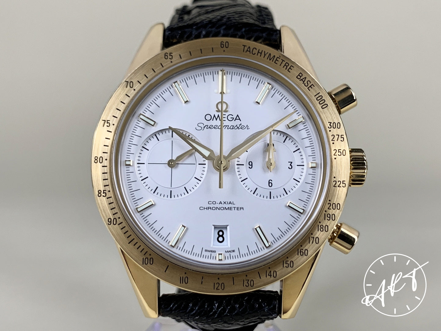 Omega Speedmaster '57 Cal 9301 Chrono Silver Dial Gold 18K Gold Auto Watch w/ BP