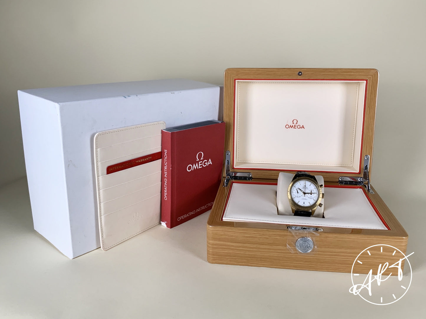 Omega Speedmaster '57 Cal 9301 Chrono Silver Dial Gold 18K Gold Auto Watch w/ BP