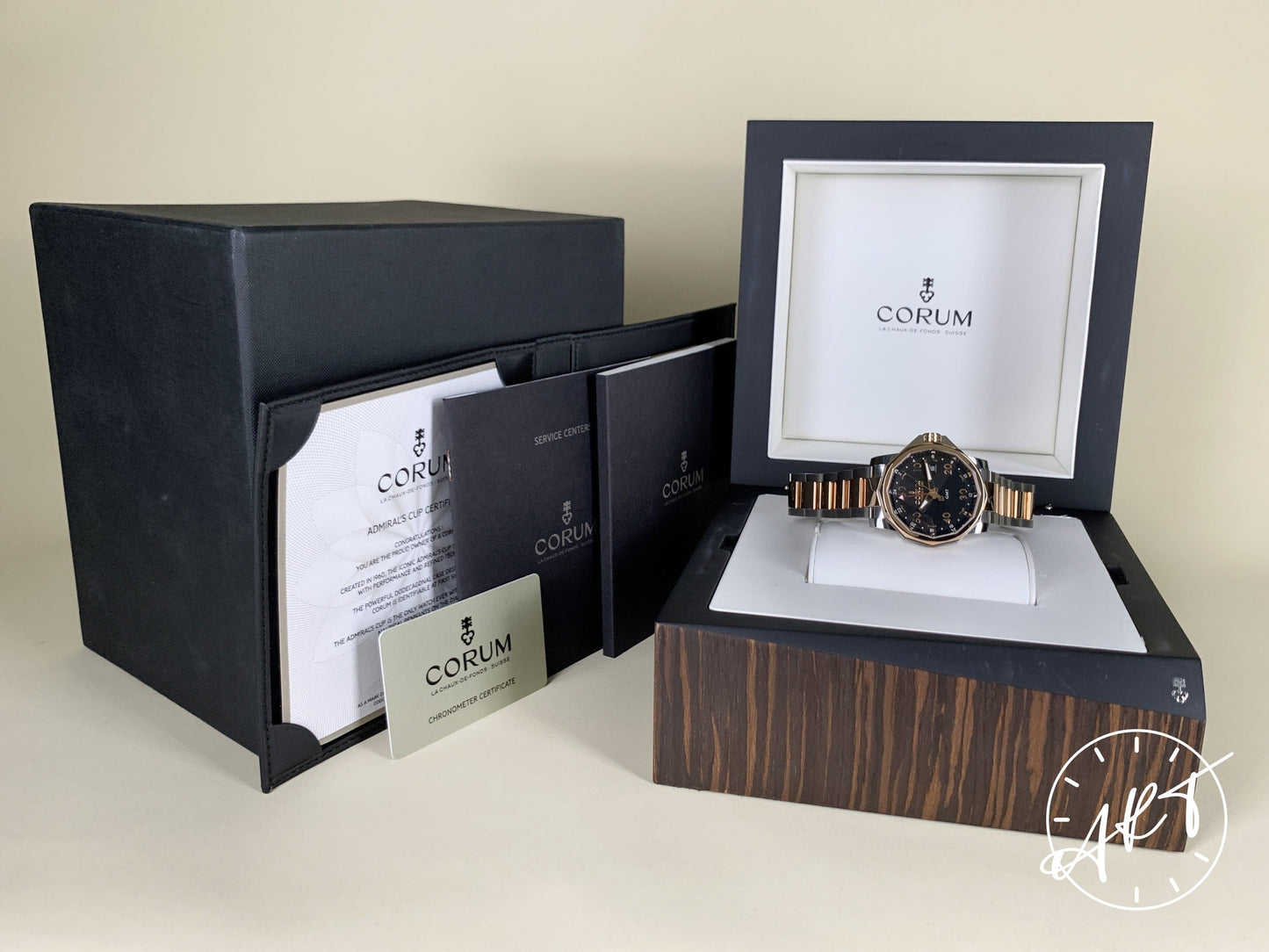 Corum Admiral's Cup GMT RG Bezel Black Dial 18K RG & SS Watch BP