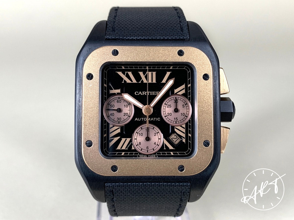 Cartier Santos 100 XL Chrono Black Dial 18K RG & Titanium Auto Watch 3104 w/ B&P