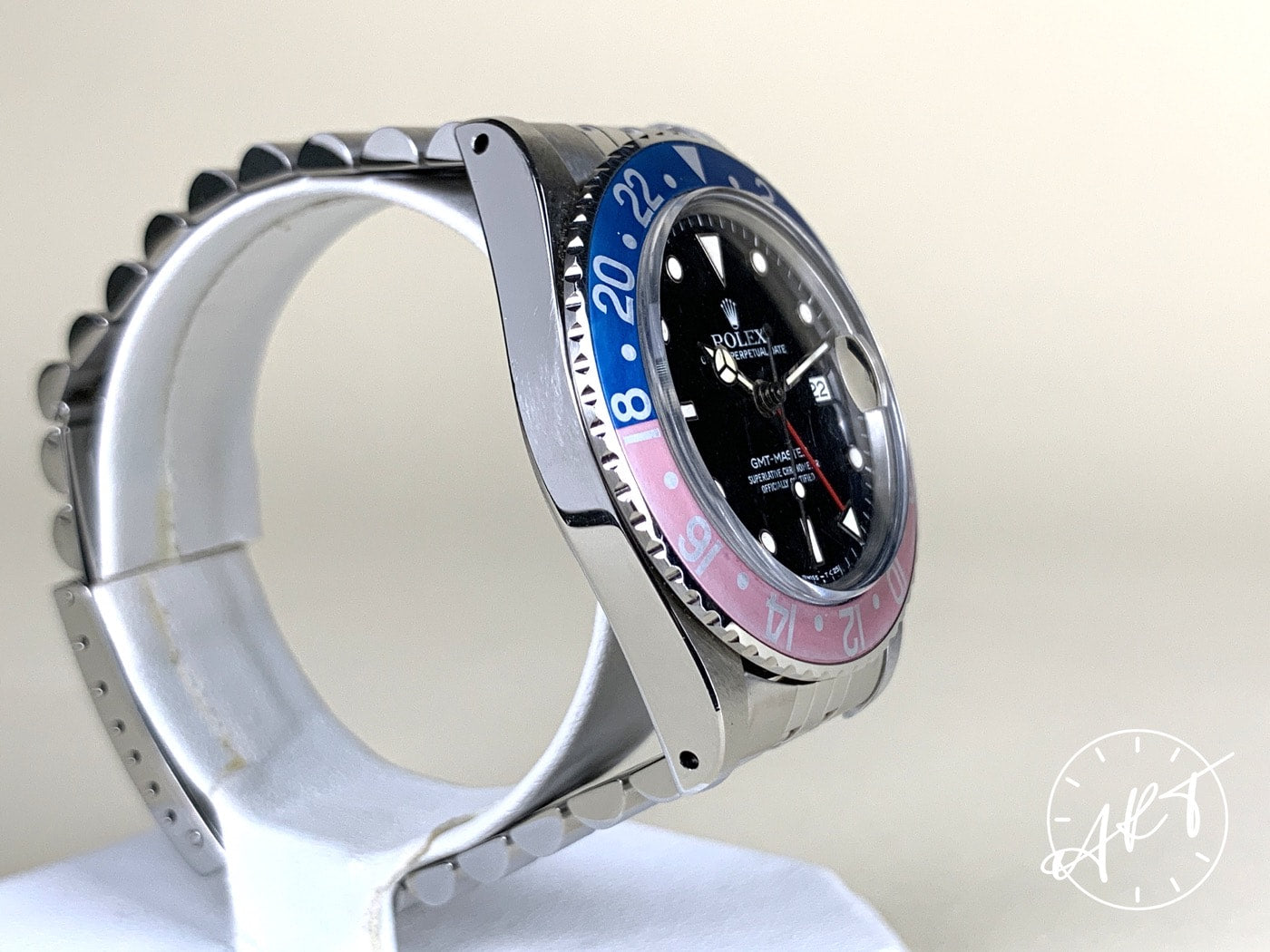 1980s Rolex GMT-Master Fuchsia Bezel Black Dial SS Auto Pilot Watch 16750