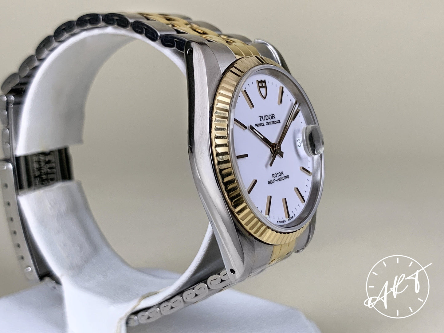 1995 Tudor Prince OysterDate Gold Bezel White Dial 18K Gold & SS Watch 74033