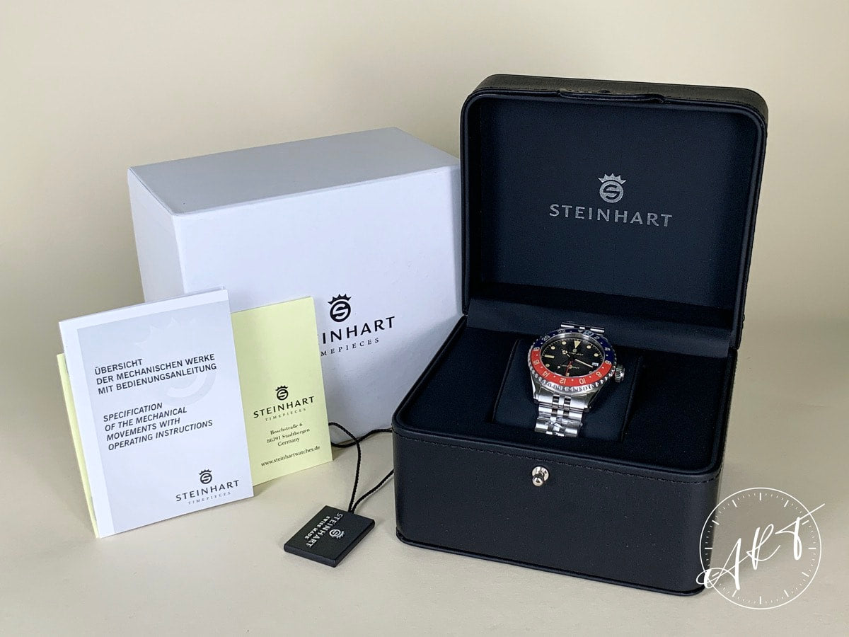 NEW Steinhart Ocean 39 Vintage GMT Black Dial SS Hong Kong Ltd Diver Watch BP