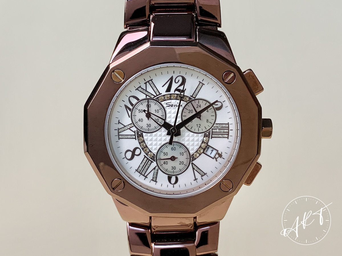 Savina Rhine Stone Chronograph Mother of Pearl Dial SS Quartz Watch w/ B&P