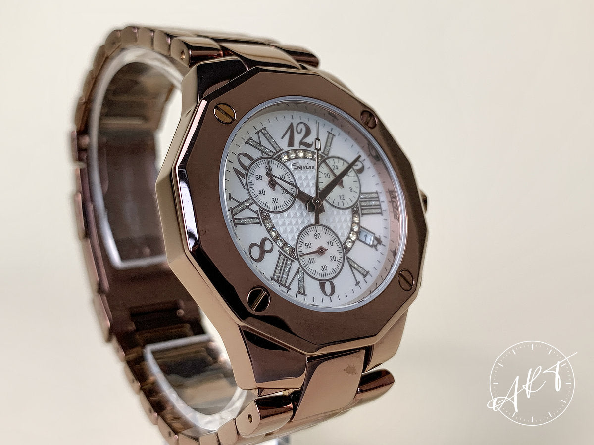 Savina Rhine Stone Chronograph Mother of Pearl Dial SS Quartz Watch w/ B&P