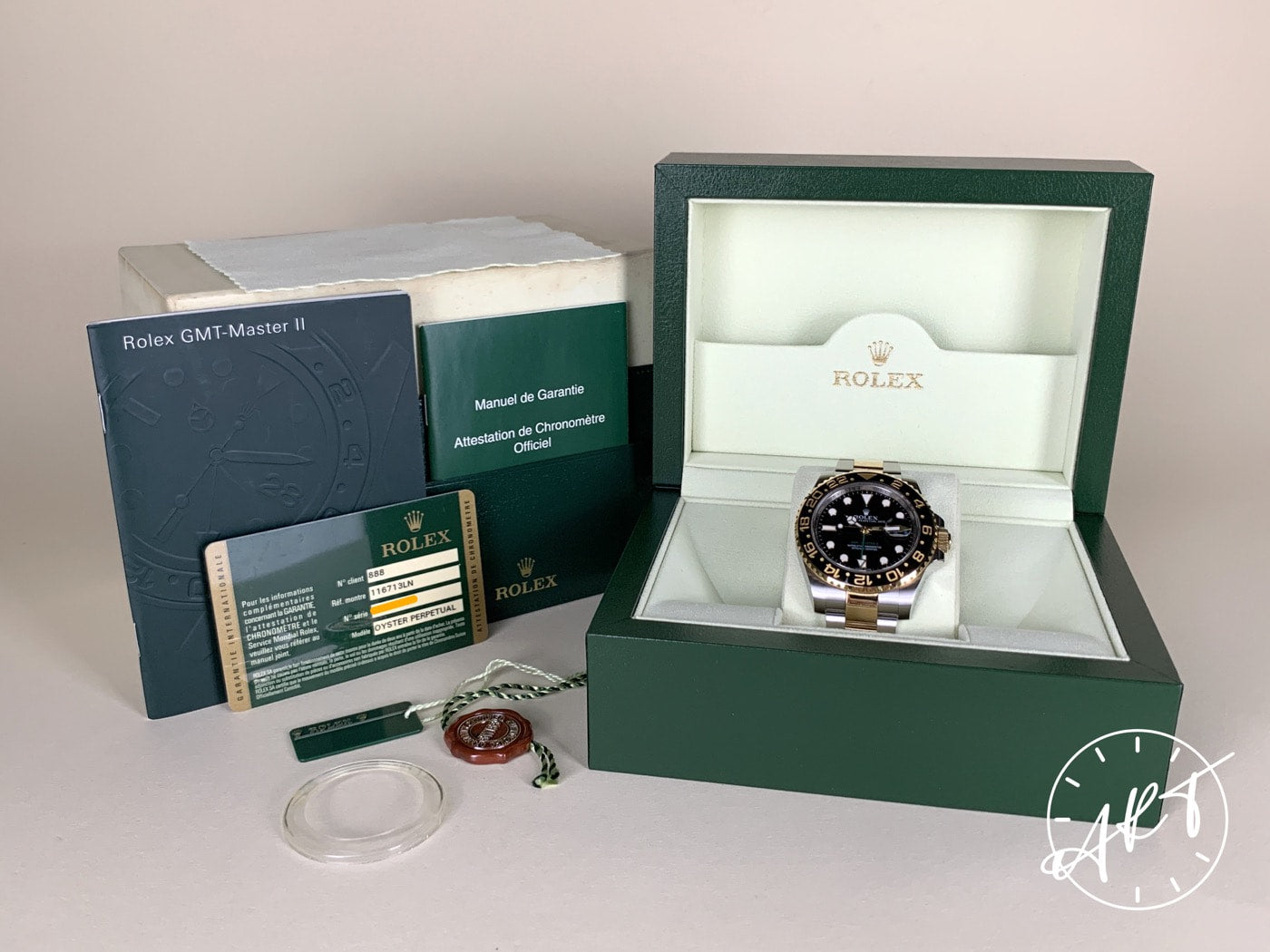 2013 Rolex GMT-Master II Gold Bezel Black Dial 18K Gold & SS Watch 116713LN BP