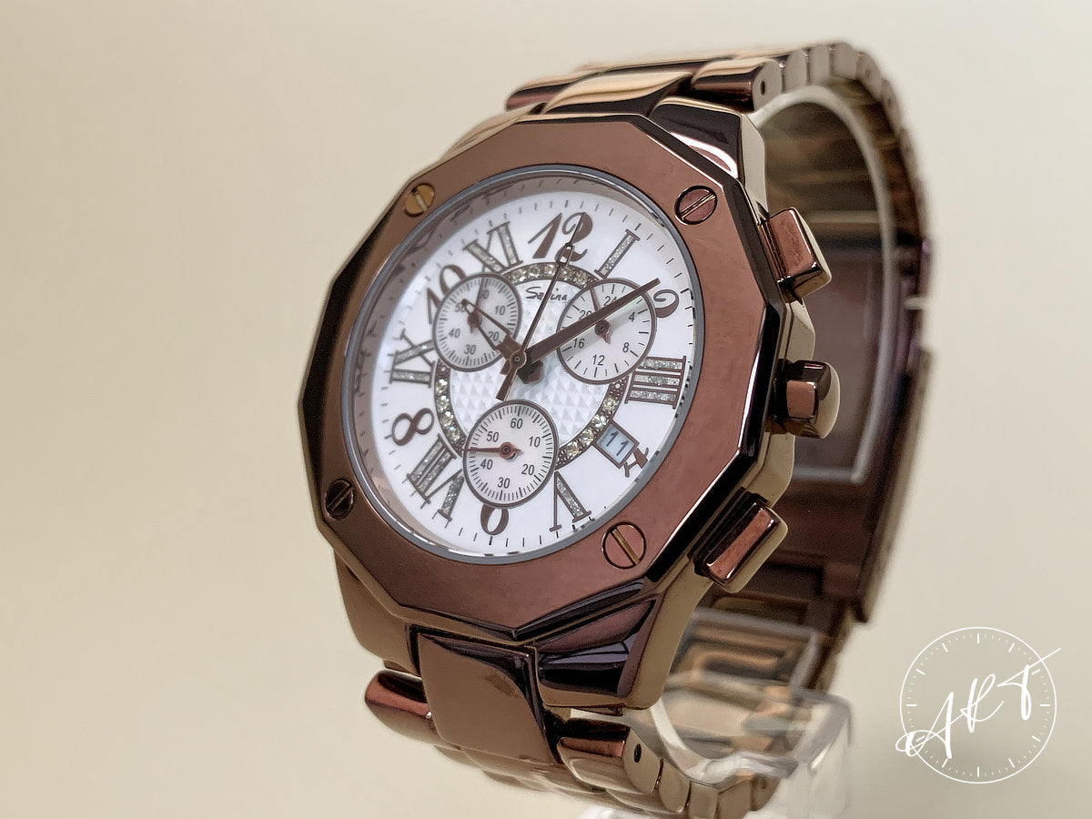 Savina Rhine Stone Chronograph Mother of Pearl Dial SS Quartz Watch w/ B&P