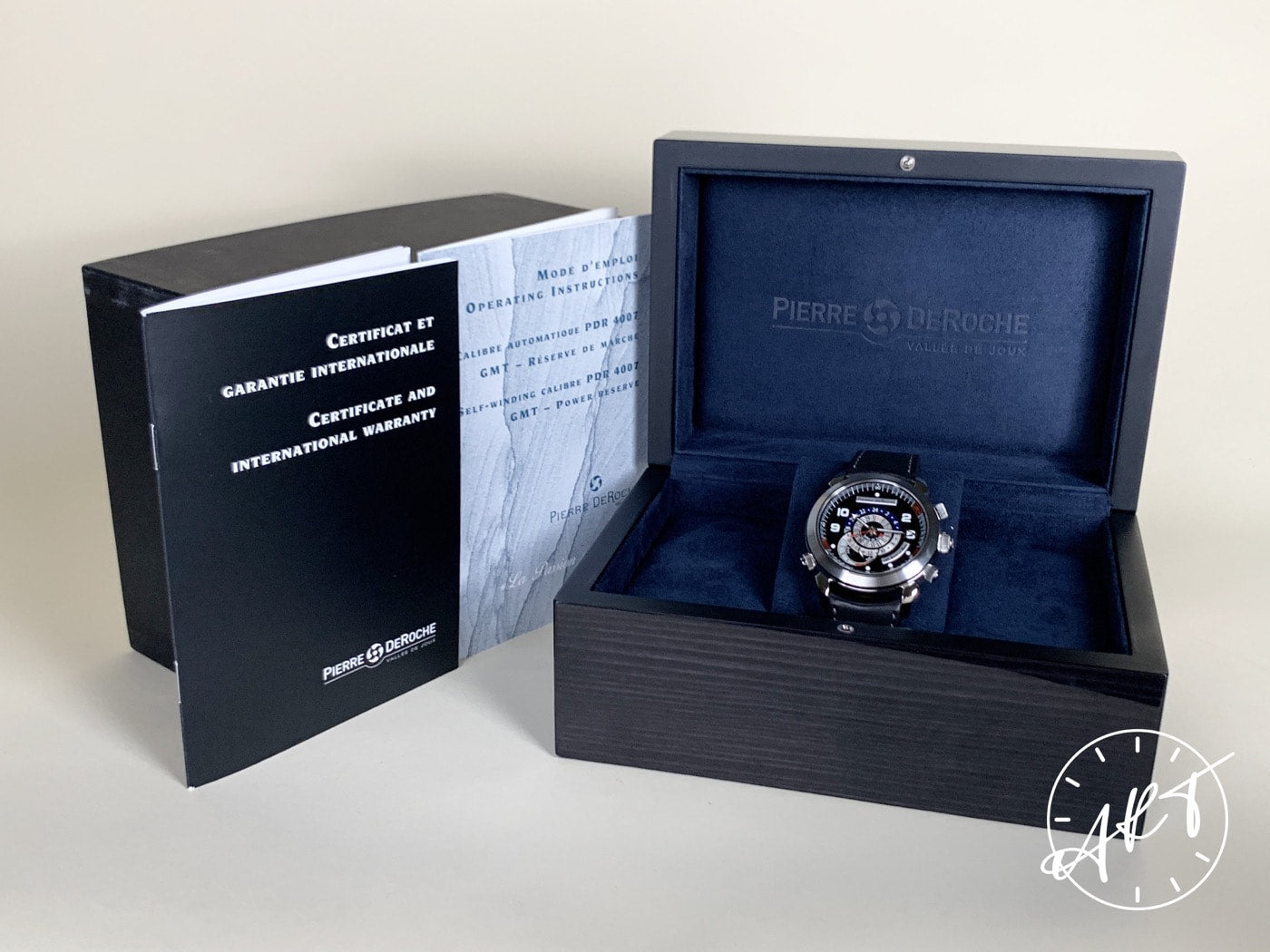 NEW Pierre DeRoche Grandcliff GMT Black & Silver Dial SS Auto Watch w/ B&P