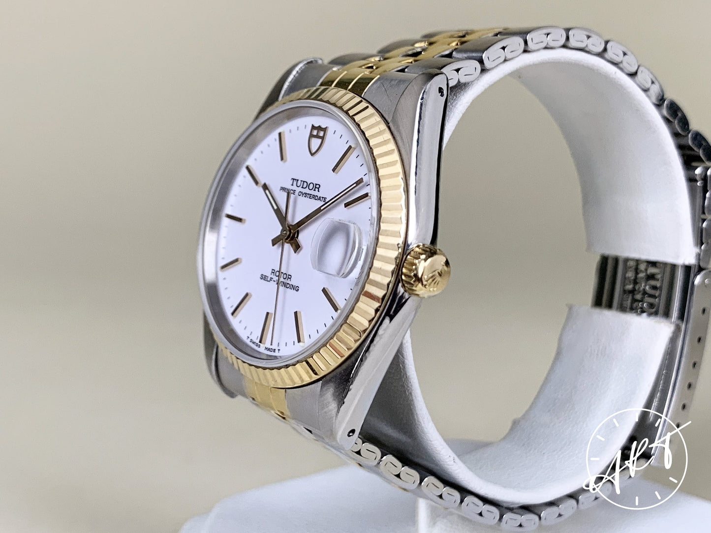 1995 Tudor Prince OysterDate Gold Bezel White Dial 18K Gold & SS Watch 74033