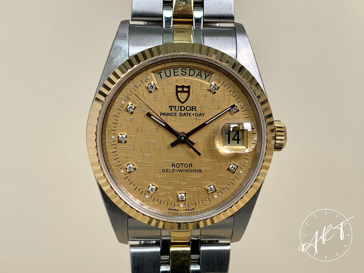 Tudor Prince Day Date Gold Linen Diamond Dial SS Auto Watch 76213 w P ART Watches