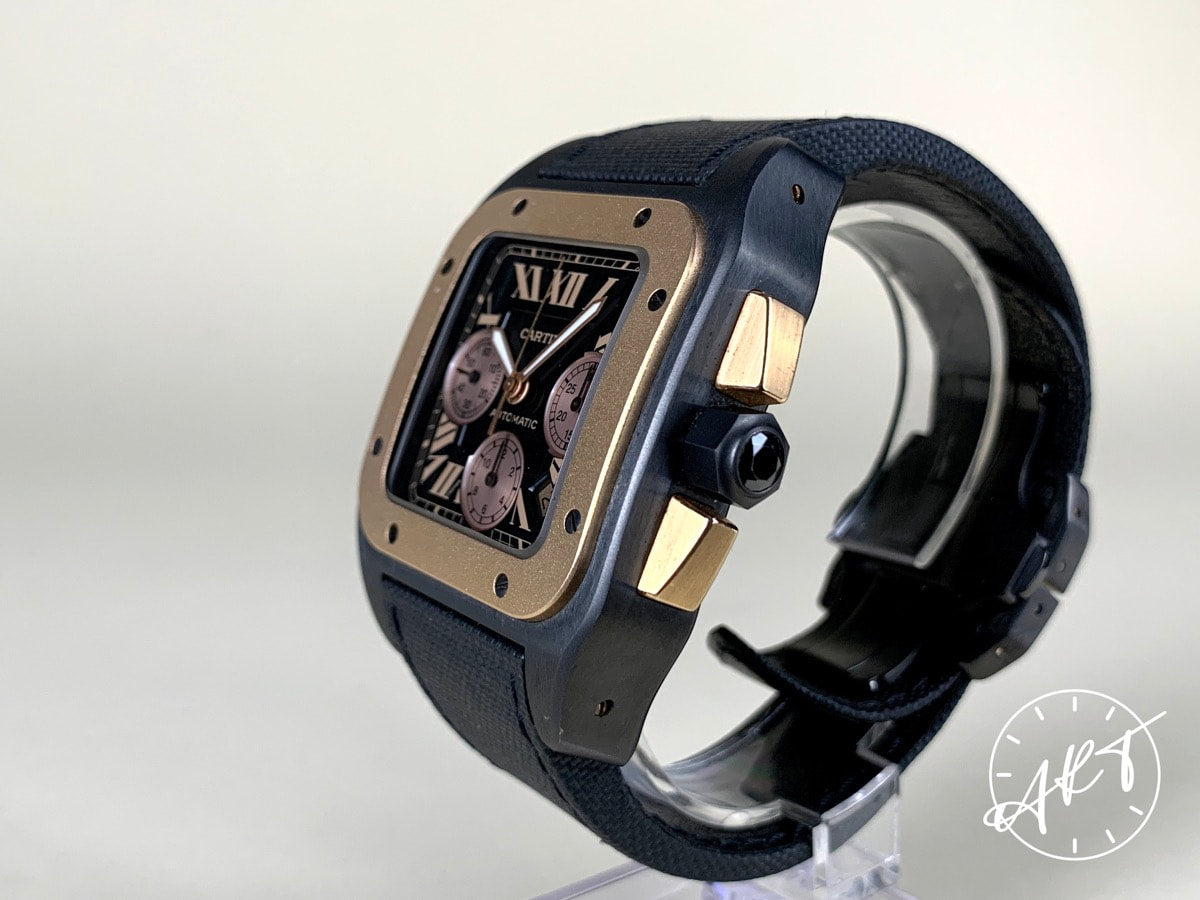 Cartier Santos 100 XL Chrono Black Dial 18K RG & Titanium Auto Watch 3104 w/ B&P