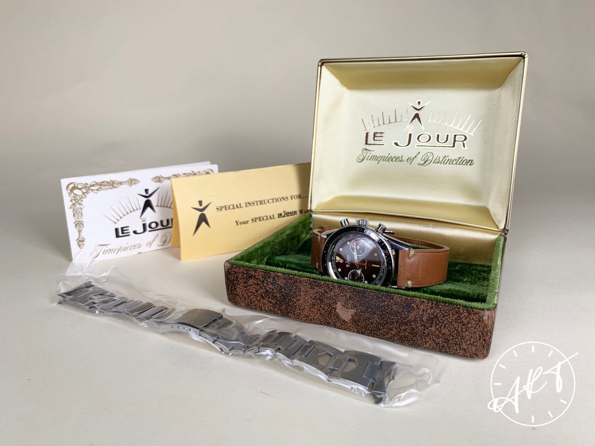 Vintage Le Jour Val 7733 Chrono Brown TROPICAL DIAL SS Manual Pilot Watch w/ B&P