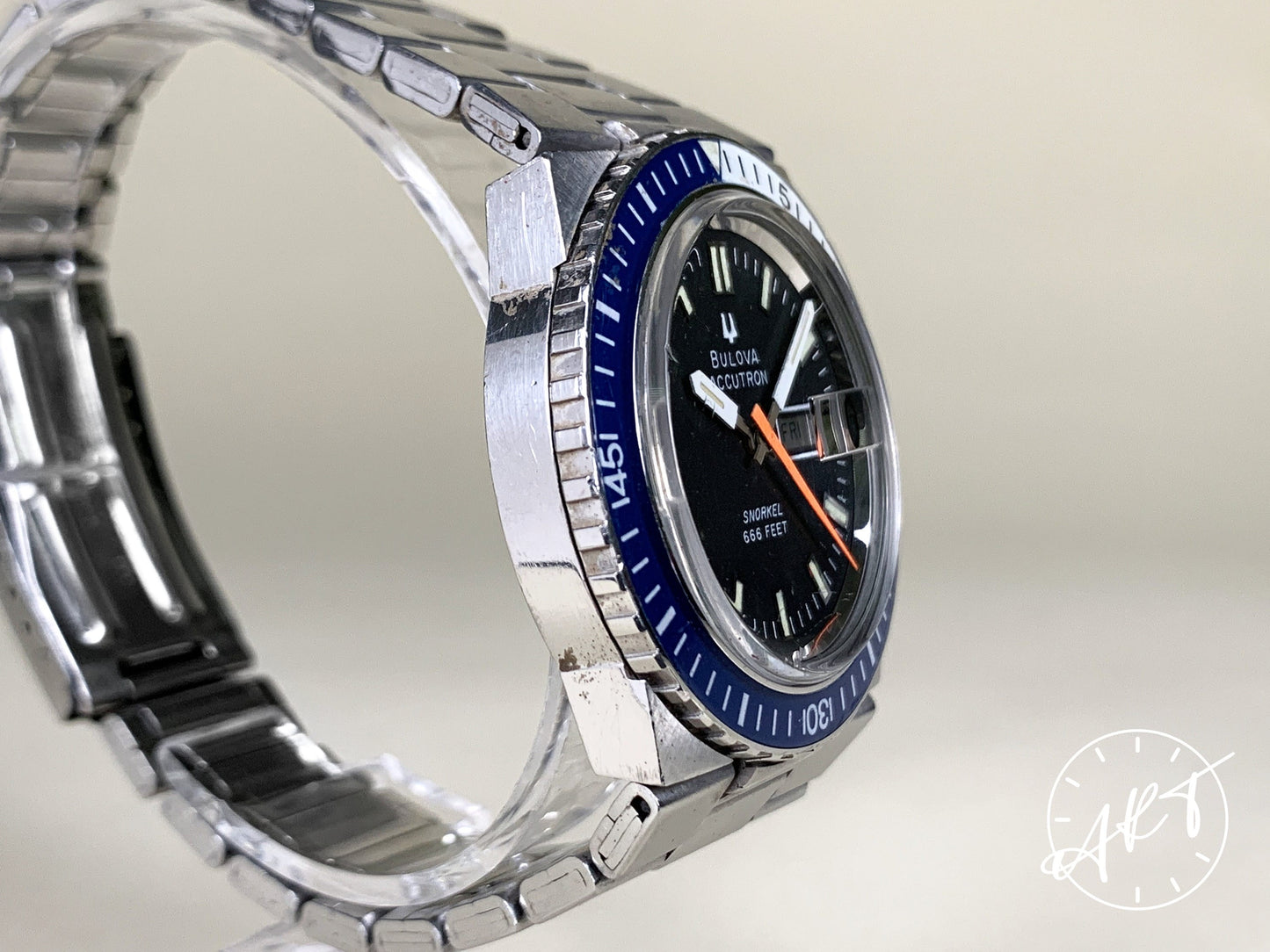 1970s Accutron Snorkel Blue/White Bezel Black Dial Tuning Fork Euro Edition Watch