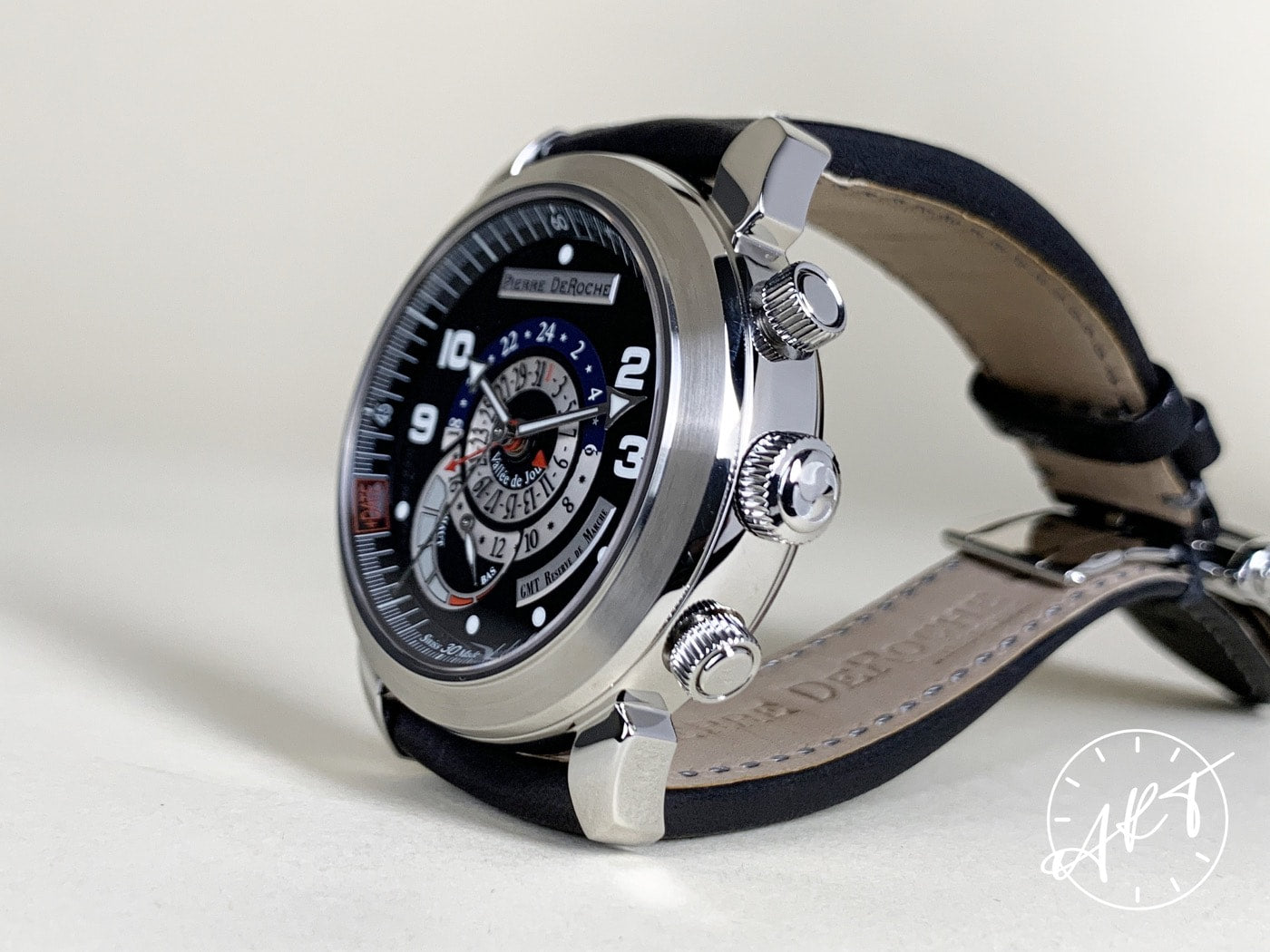 NEW Pierre DeRoche Grandcliff GMT Black & Silver Dial SS Auto Watch w/ B&P