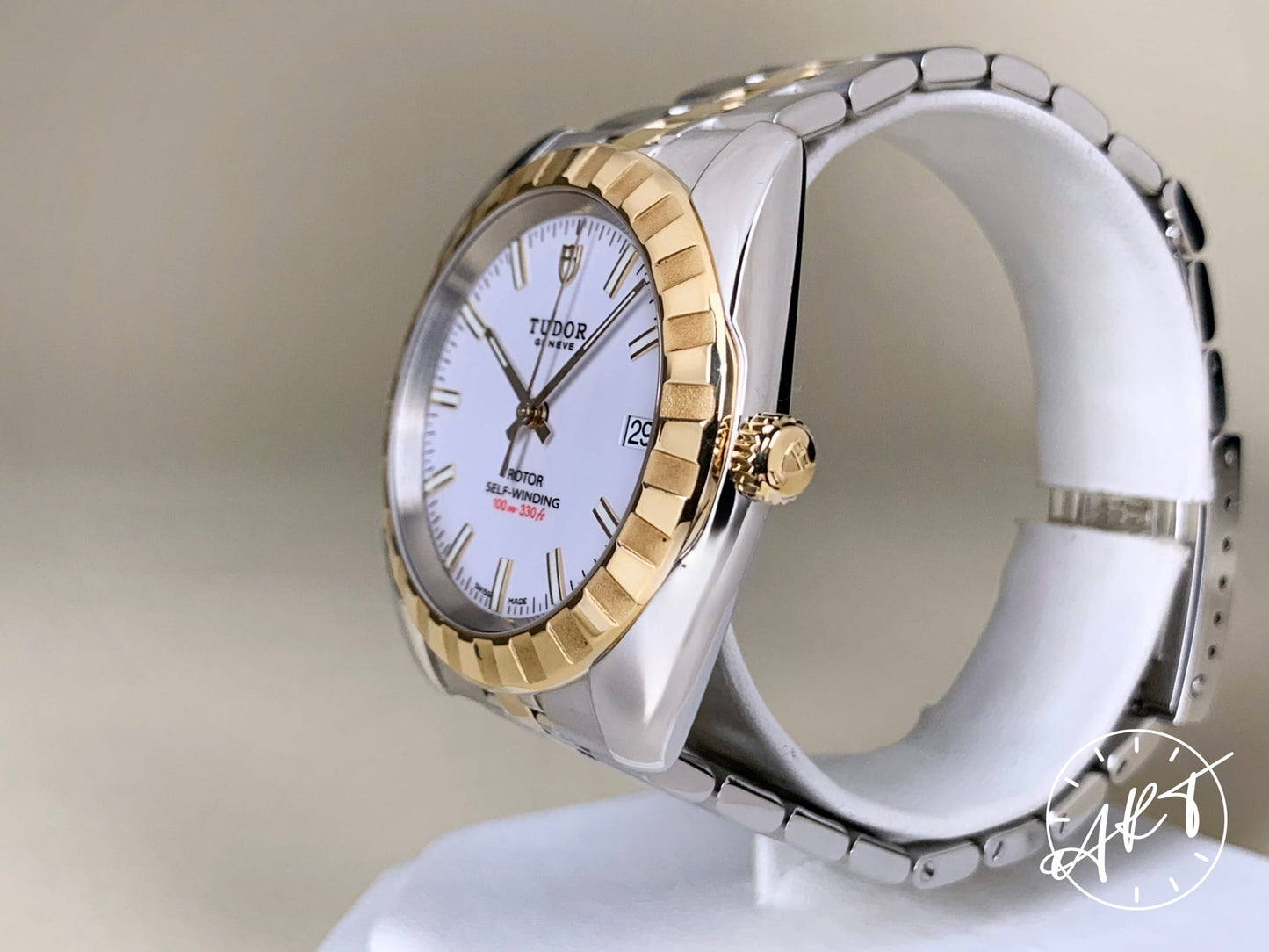 Tudor Classic Date Gold Bezel White Dial 18K Gold & SS Watch 21013 w/ Paper