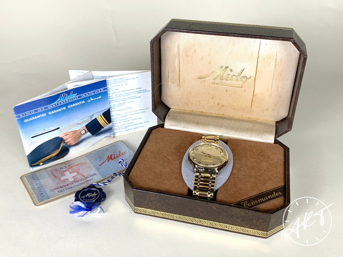 NOS Vintage Mido Commander Datoday Gold Dial Gold Plated SS Auto Watch 8439 BP