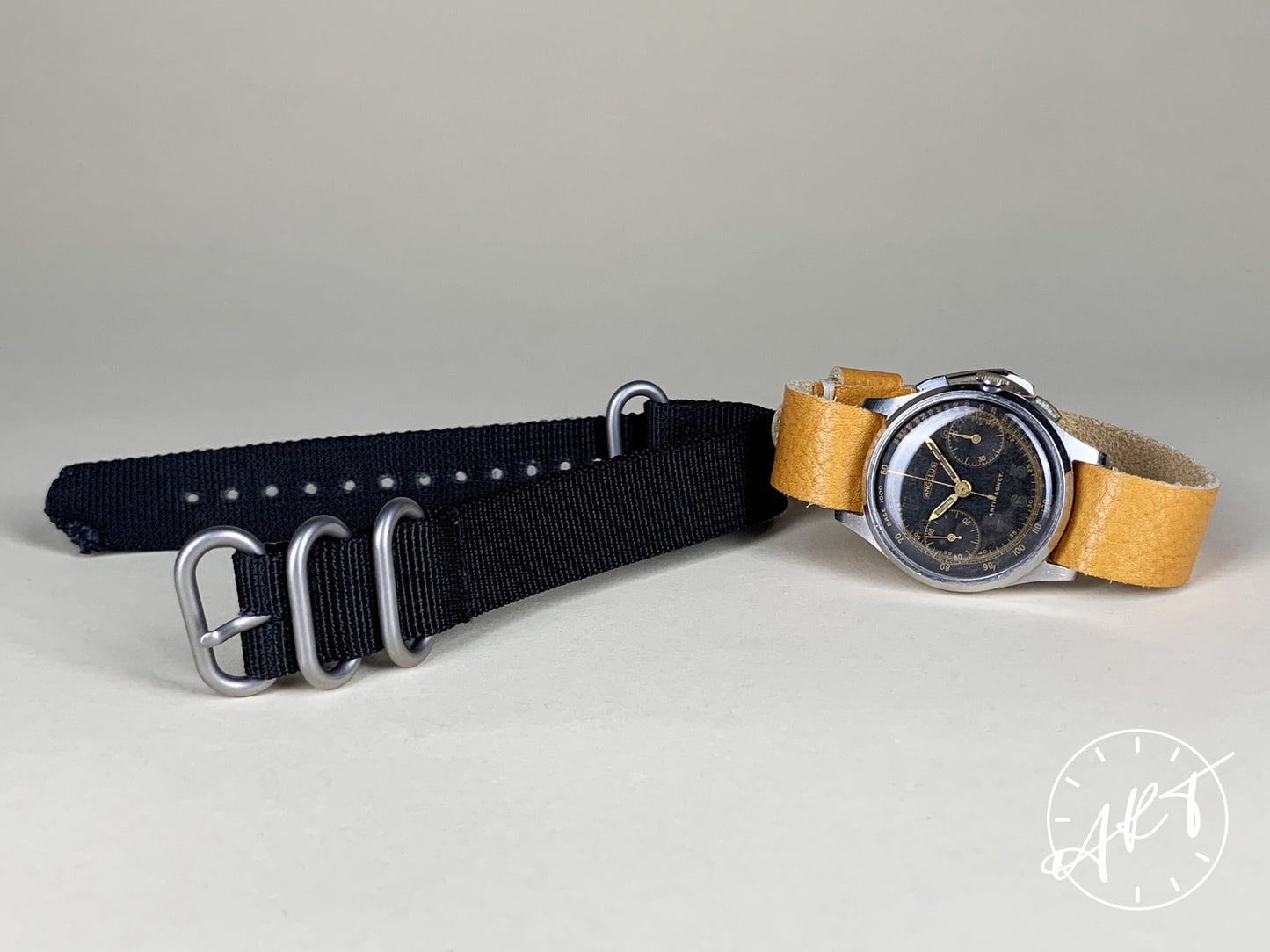 Vintage 1940s Angelus WWII Chronograph Black Gilt Dial SS Manual Military Watch