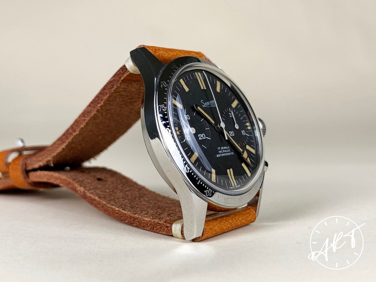 Vintage 1970s Sabina Val 7730 17 Jewels Chrono Jumbo Black Dial SS Pilot Watch