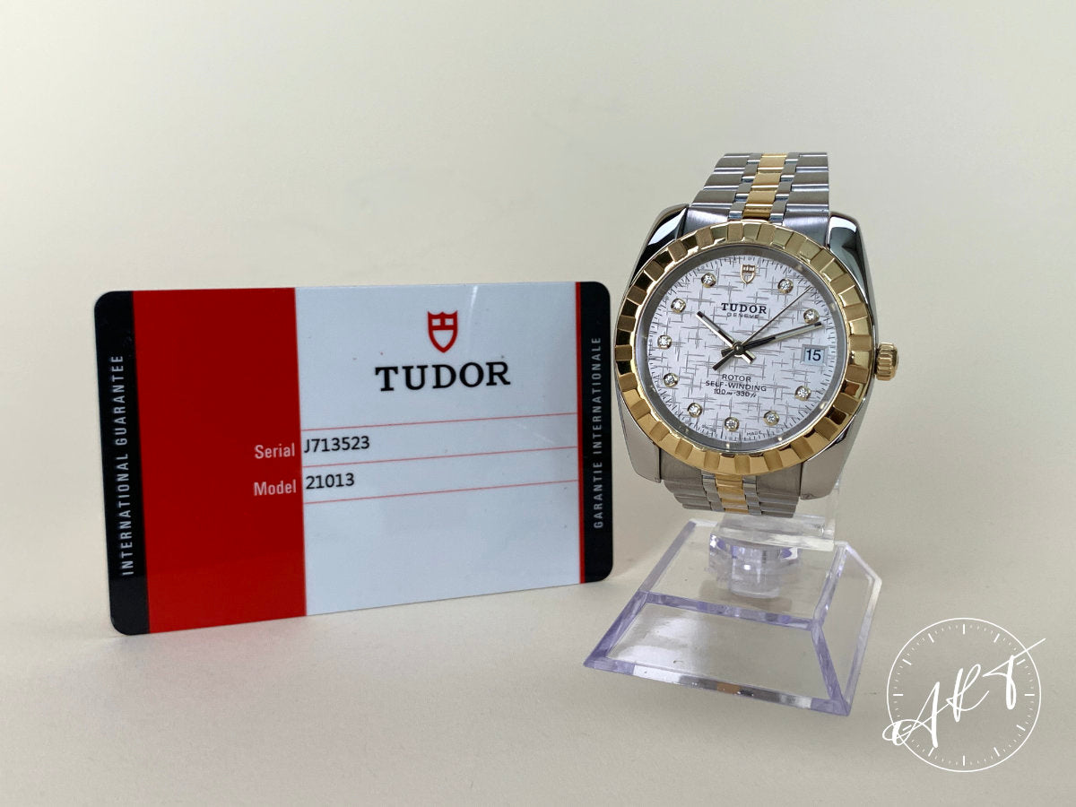 2015 Tudor Classic Date Silver Diamond Dial 18K Gold & SS Watch 21013 w/ Paper