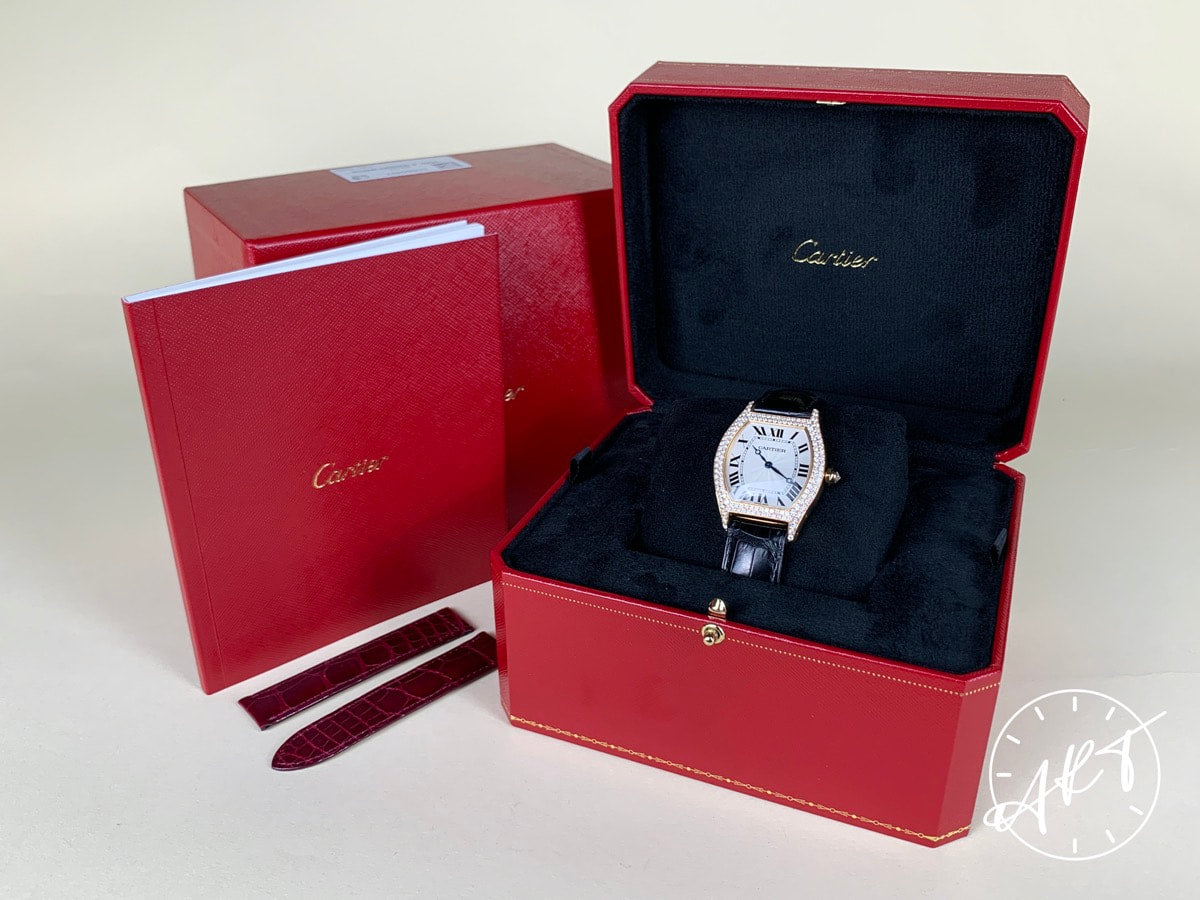 Cartier Tortue Large Factory Diamond Bezel White Dial 18K RG Watch 2498 BP
