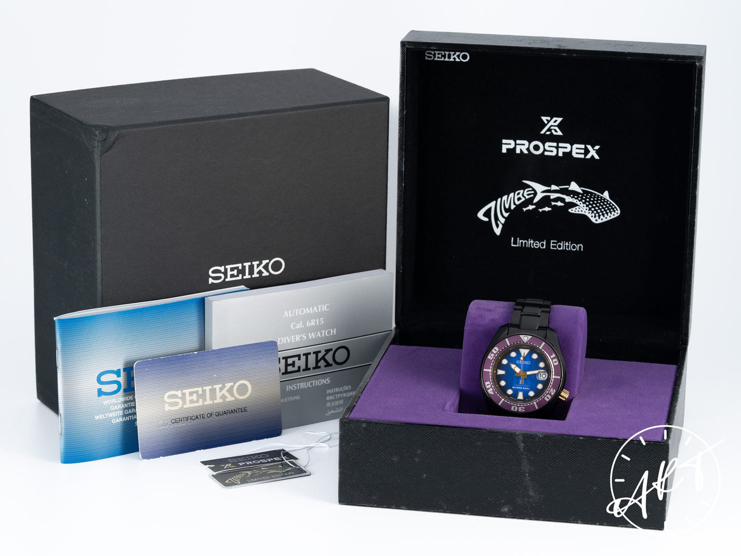 Seiko Prospex Purple Bezel Blue Dial Black PVD SS Zimbe Purple Sumo Ltd Diver Watch SPB055J BP