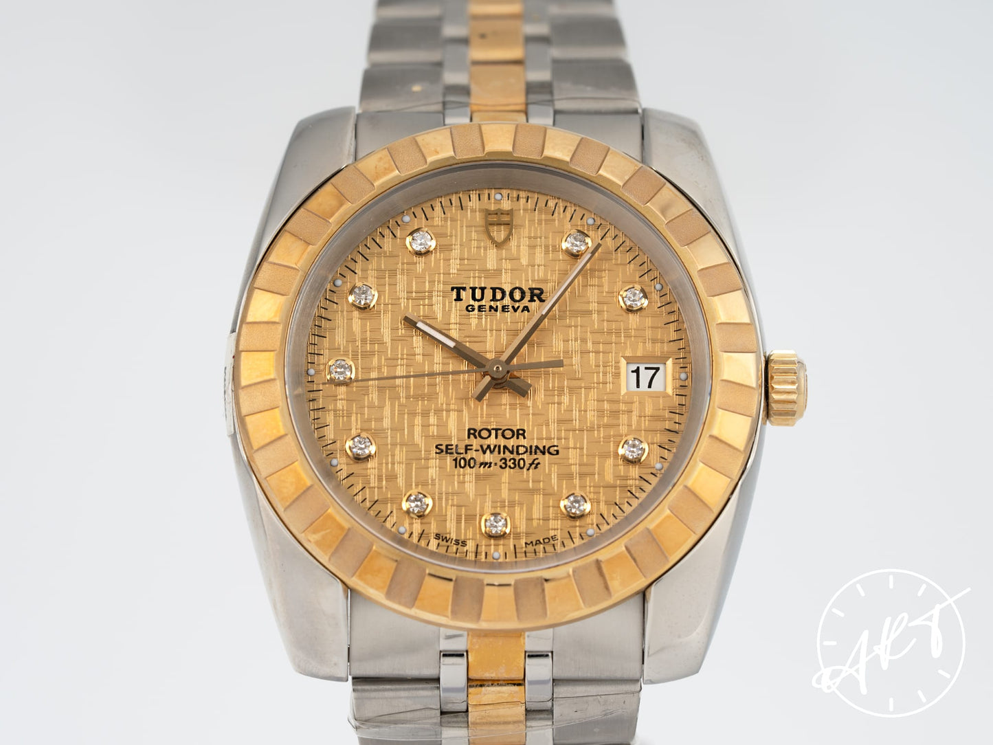 NEW Tudor Classic Gold Linen Diamond Dial 18K Gold & SS Watch 21013 w/Box