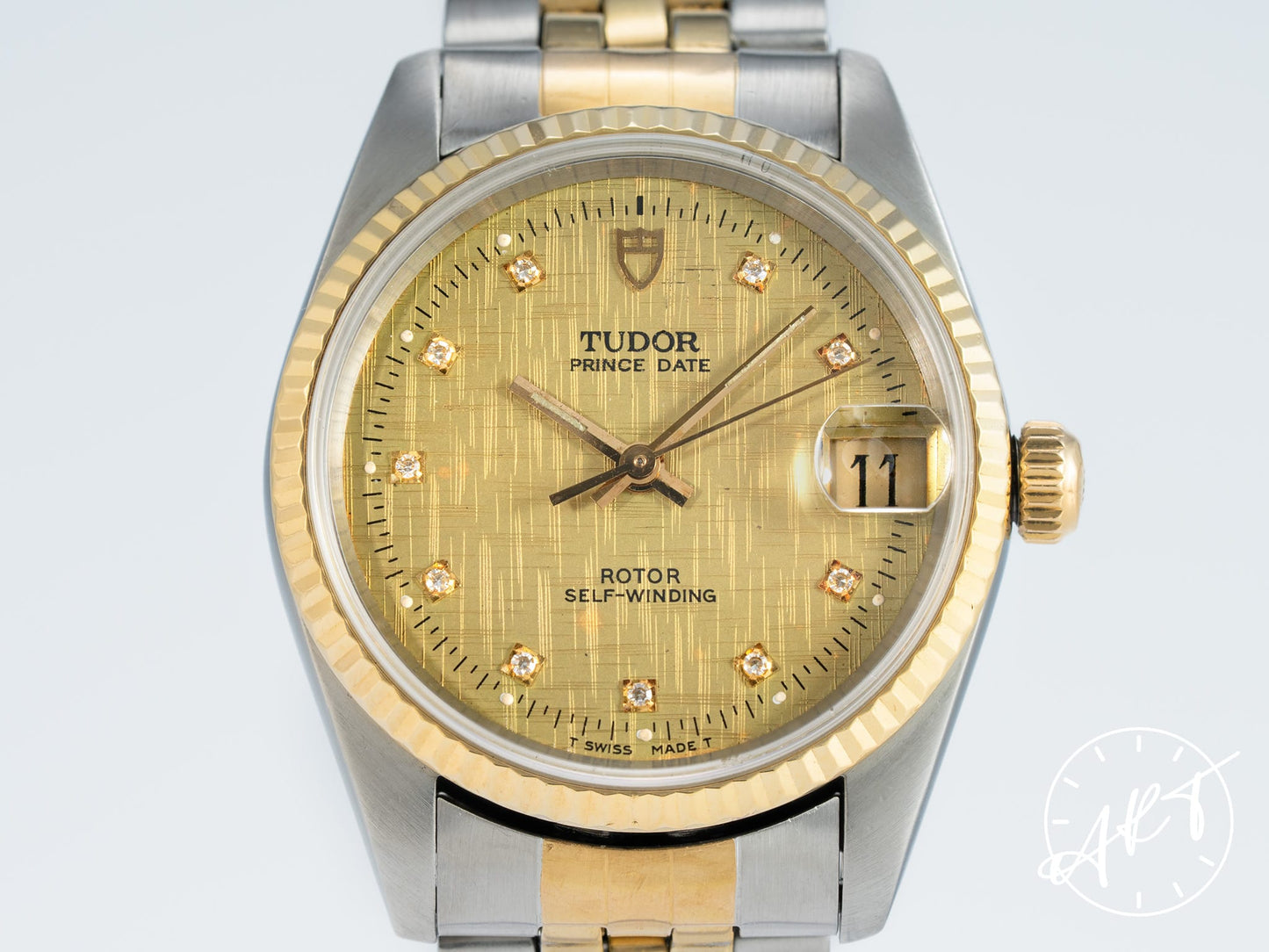 Tudor Prince Date Gold Linen Diamond Dial 18K Gold & Stainless Steel Auto Watch