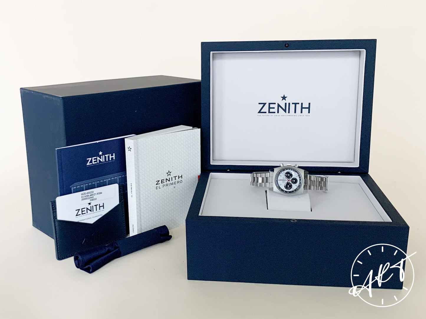 Zenith El Primero Chrono Panda Dial SS Auto A384 Revival 50th Anniv Watch BP