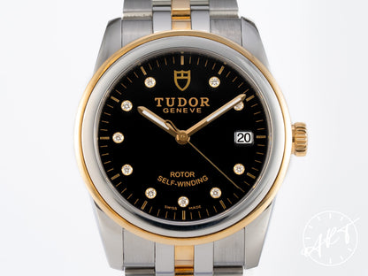 Tudor Glamour Date 36 Black Diamond Dial 18K Gold & SS Auto Watch 55003 w/ B&P