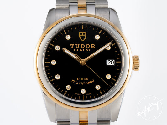 Tudor Glamour Date 36 Black Diamond Dial 18K Gold & SS Auto Watch 55003 w/ B&P