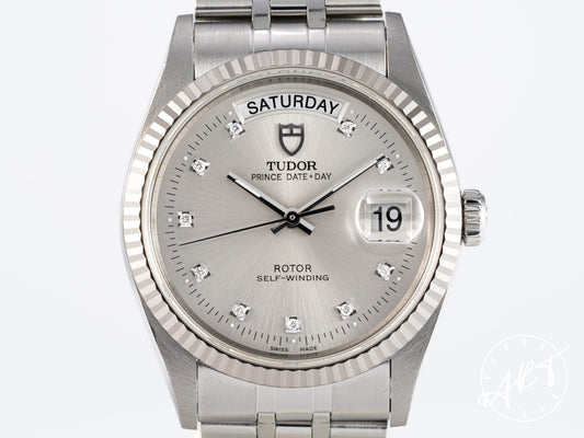Tudor Prince Day-Date Silver Diamond Dial 18K WG & SS Watch 76214 BP + Receipt