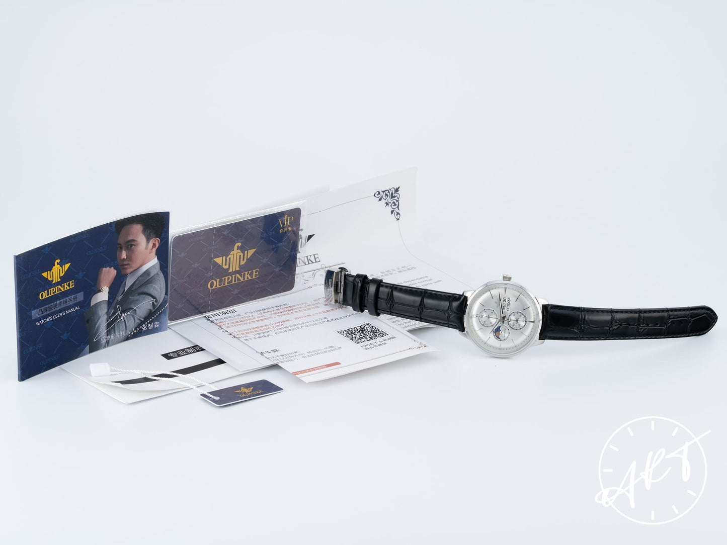 NEW Oupinke Moonphase Silver Dial SS Auto Watch 3309 w/ Paper & Manual