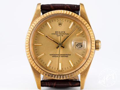 Vintage 1982 Rolex Oyster Perpetual Date Gold Dial 18K Gold Auto Watch 15038 BP