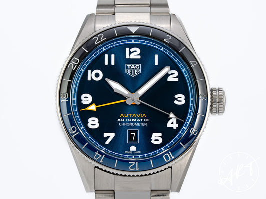 TAG Heuer Autavia Twin Time GMT Black & Blue Bezel Blue Dial SS Watch WBE511A BP