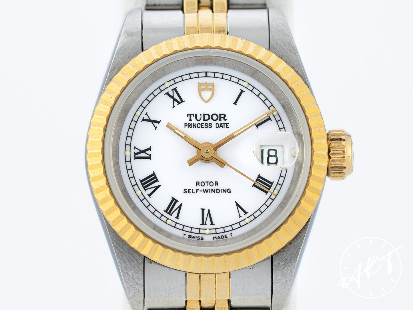 Tudor Princess Date White Roman Dial 18K Gold & SS Auto Ladies Watch 92413