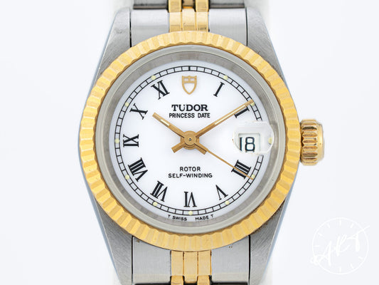 Tudor Princess Date White Roman Dial 18K Gold & SS Auto Ladies Watch 92413